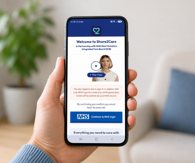 Share2Care West Yorkshire ICB app in use on a phone in a persons hand.